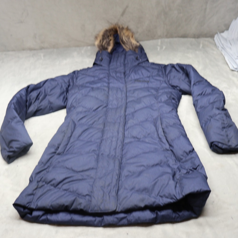 Marmot Down Jacket Women Medium Blue Strollbridge Faux Fur Trim Quilted Puffer